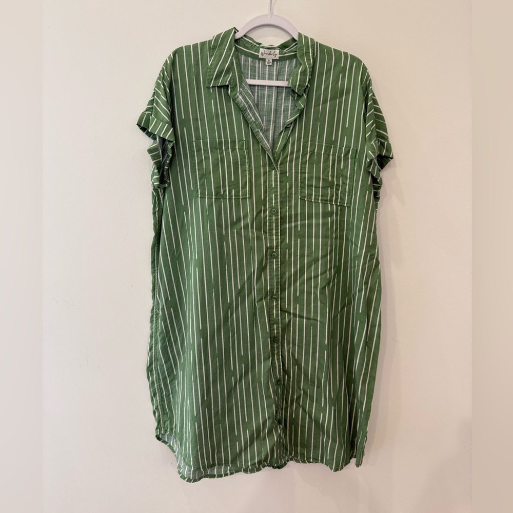 Wonderly Green and White Striped Button-Up Dress